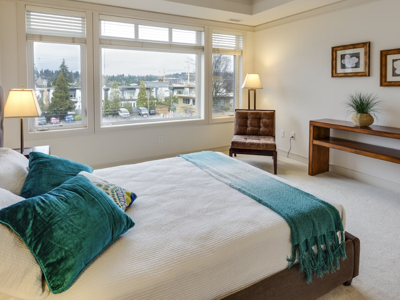 Cozy bedroom with soft ivory carpet