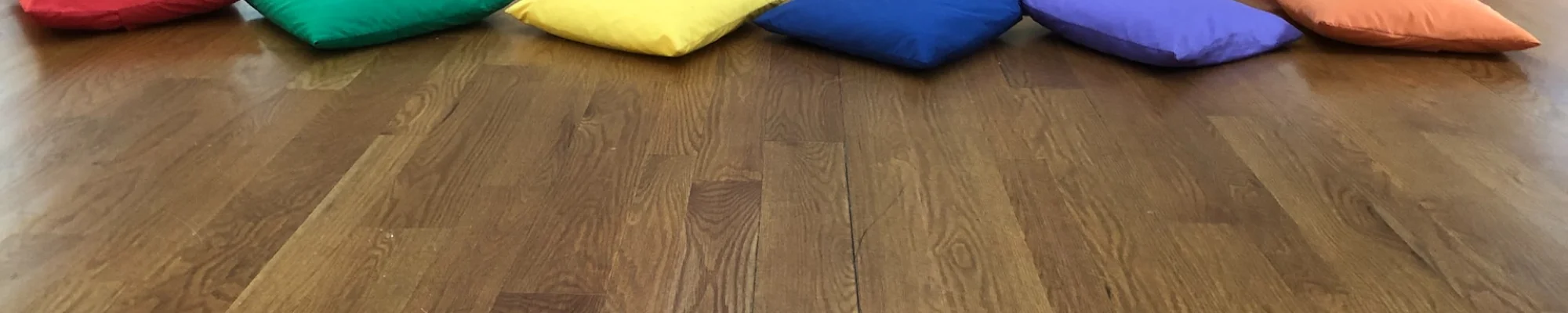 Colorful pillows on a hardwood floor