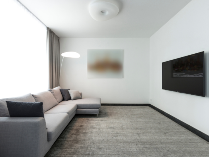 Living room with beige carpet flooring