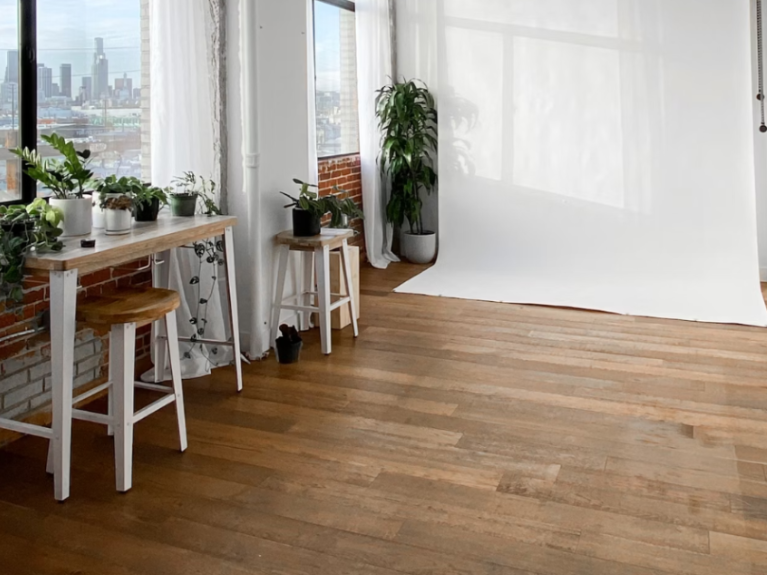 Engineered wood flooring in an open studio space