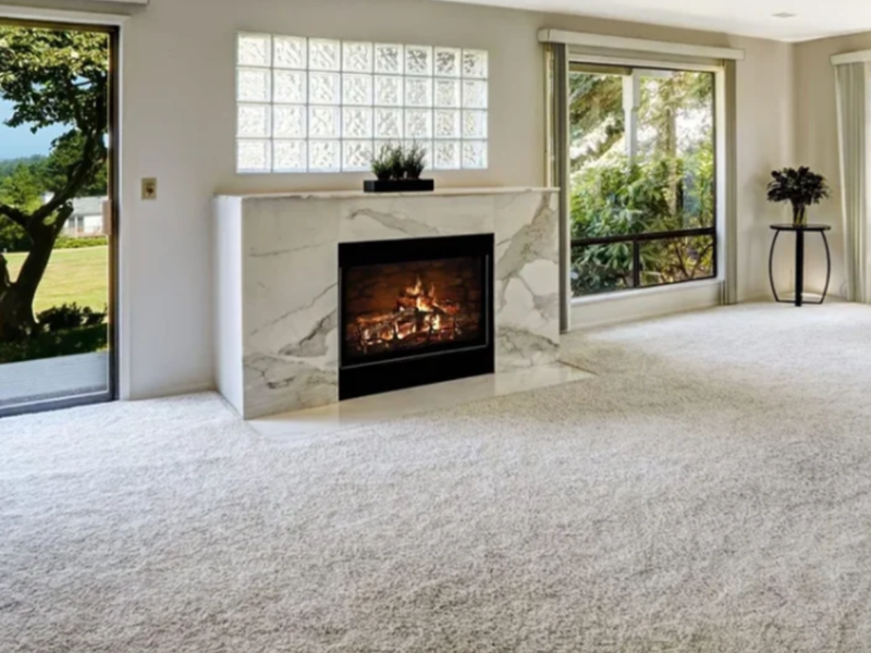 Empty living area with soft carpet and a marble fireplace